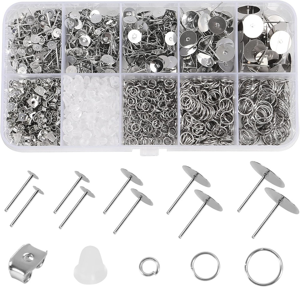 1650Pcs Earring Posts and Backs Jump Rings Kit Hypoallergenic Earring Studs Butt