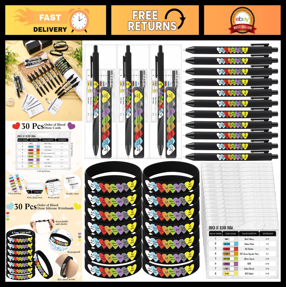 30 Sets Phlebotomy Gifts - Blood Draw Reference Cards, Silicone Bracelets & Pens