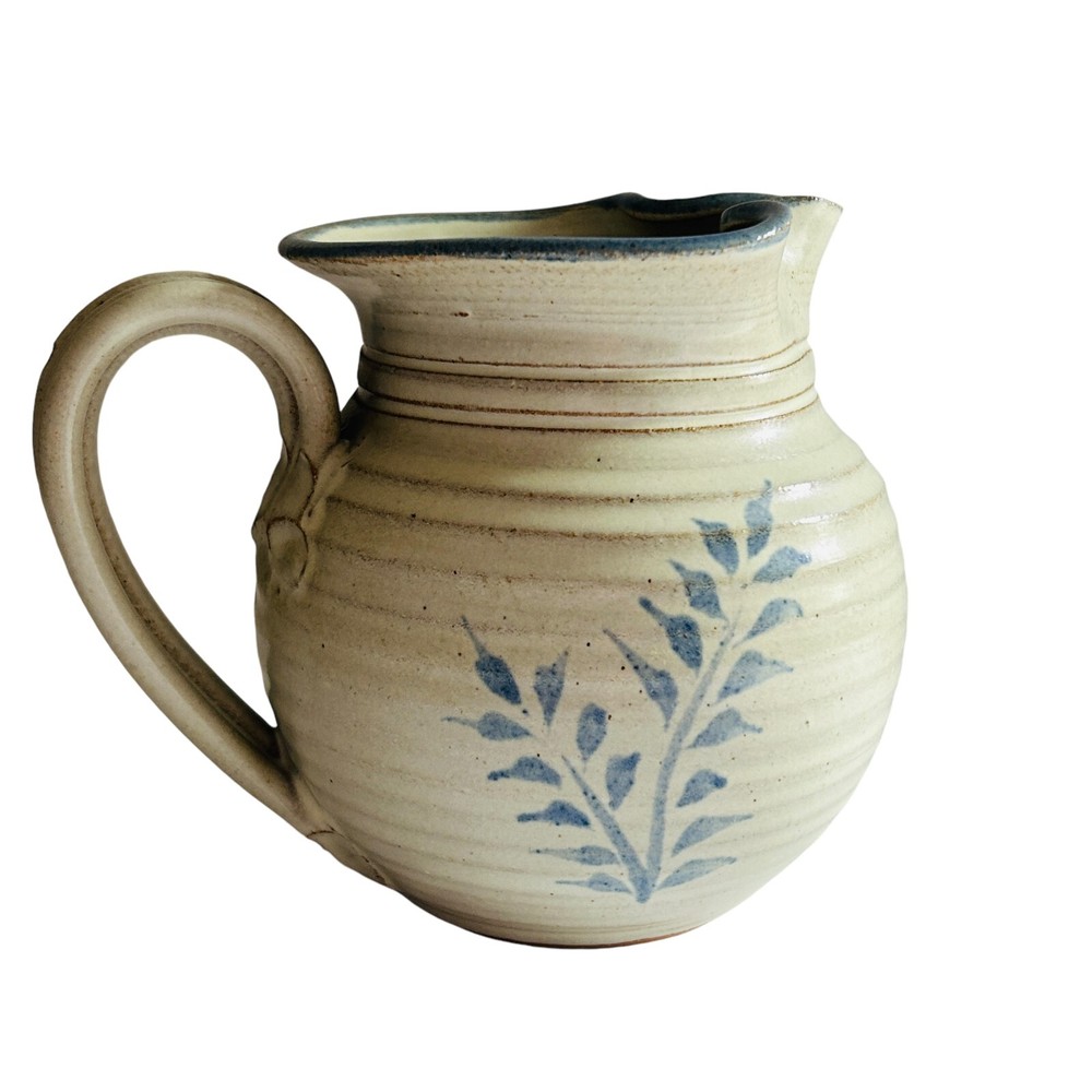 Studio B Pottery Pitcher Earthenware Blue Leaves Signed Thorpe 5.5 Inch