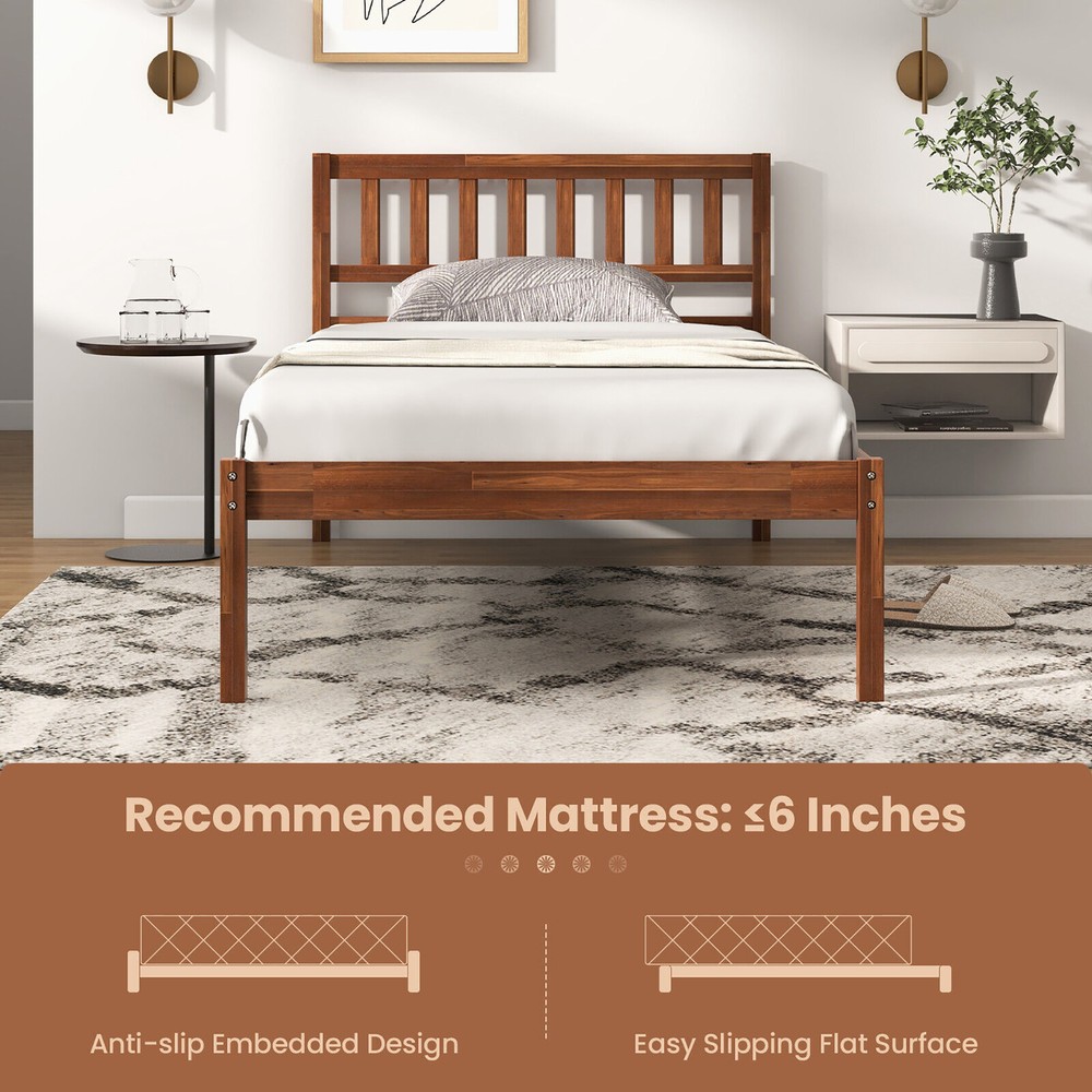 Twin Platform Bed with Headboard Solid Wood Leg Mattress Foundation Walnut