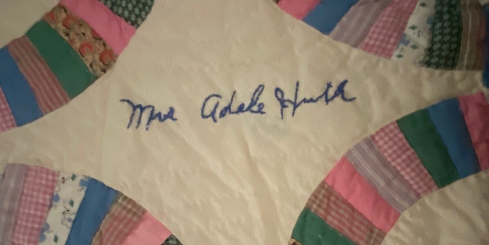 QUILT-‘SIGNED’ HANDMADE Wedding Ring Pattern 78” X 56” PATCHWORK *ANTIQUE*