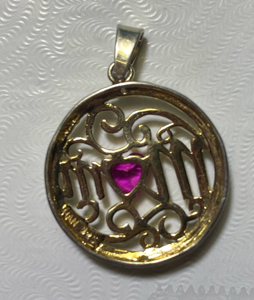 HAN Signed Ruby Heart MOM Pendant Necklace