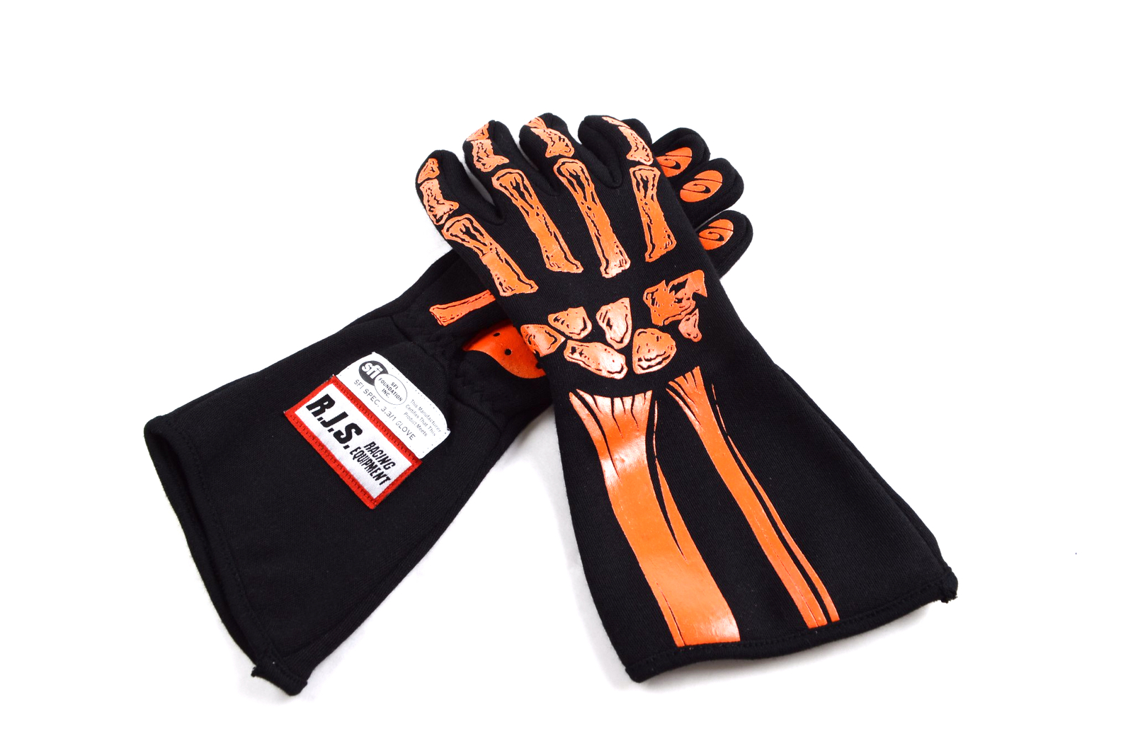 RJS RACING SFI 3.3/1 NEW SKELETON RACING GLOVES ORANGE / BLACK SIZE LG 600090142