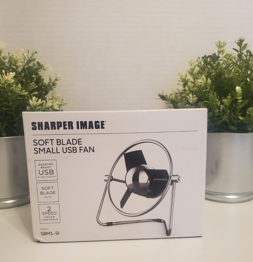 Sharper Image~Soft Blade 2 Speed Quiet Operation USB Metal Chrome Frame Fan~New