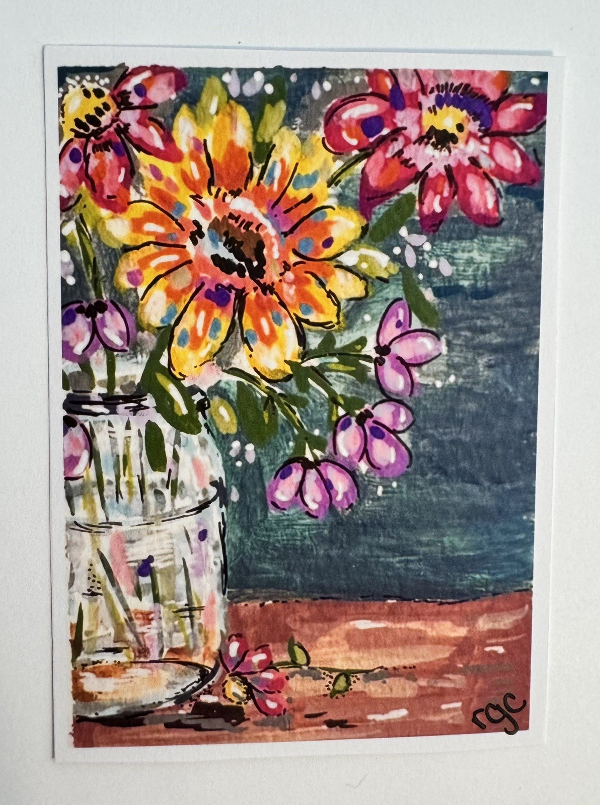 ACEO Original PRINT Flowers, Colorful flower aceo, Mason jar, heartfelt_by_robin