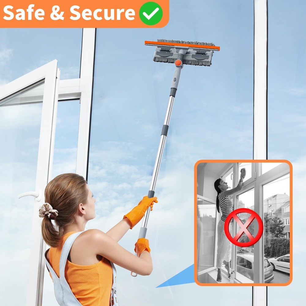 6.4FT Extendable 2-in-1 Window Squeegee & Scrubber with Long Handle, 180° A