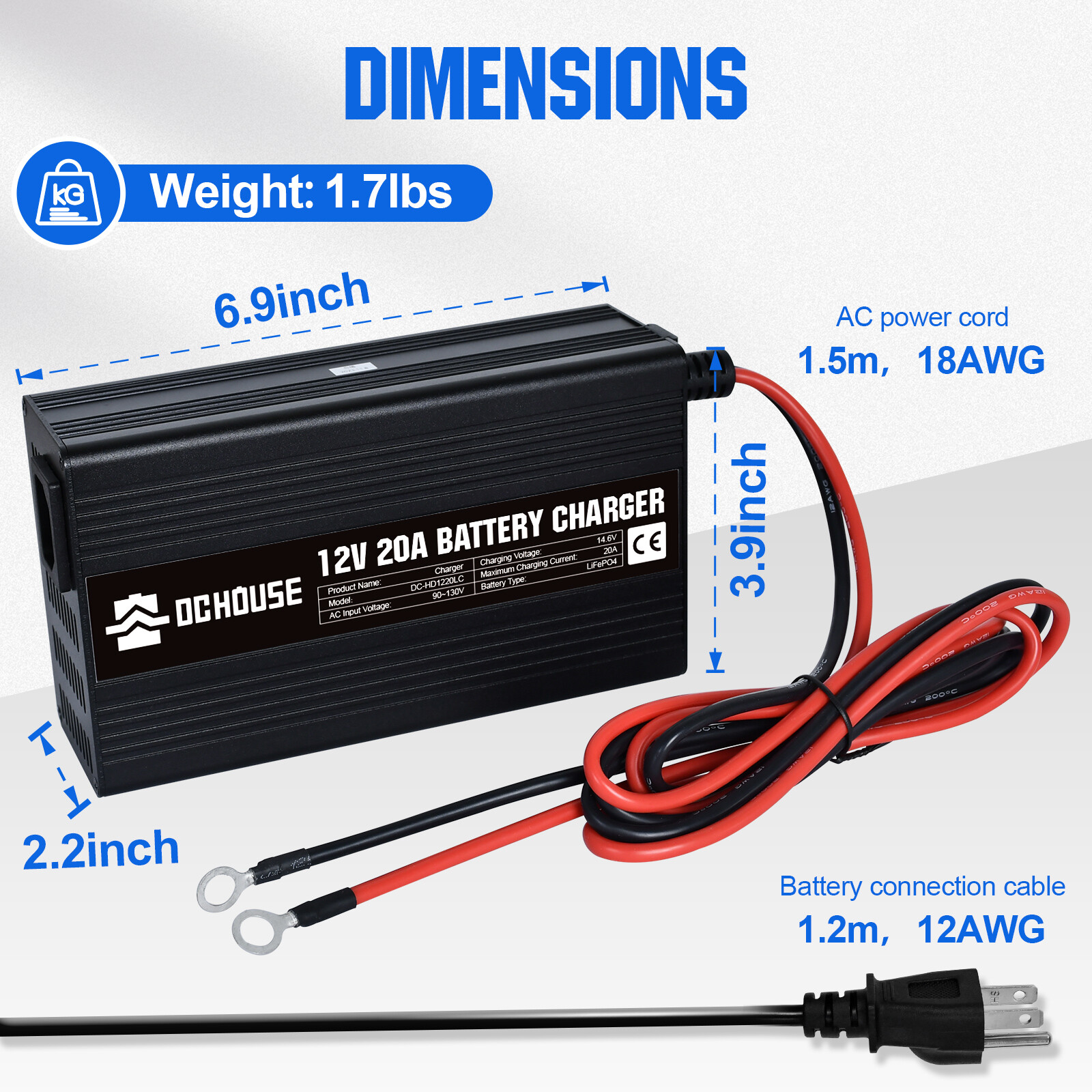 20-Amp 20A Smart Charger for Lithium Iron Phosphate (LiFePO4) Battery 12V 14.6V