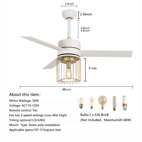 Modern 48 In. LED Indoor White Ceiling Fan W/ Light Kit and Remote Controller