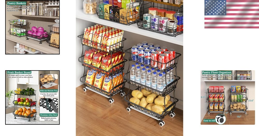 Pantry Storage Cart Fruit Basket Stand 3 Tier Stackable Wire Basket Organizer