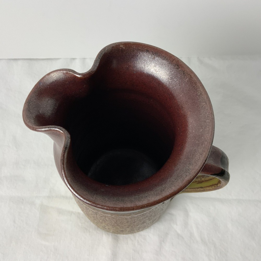 Speckled Brown Two Tone Art Pottery Pitcher Signed DA