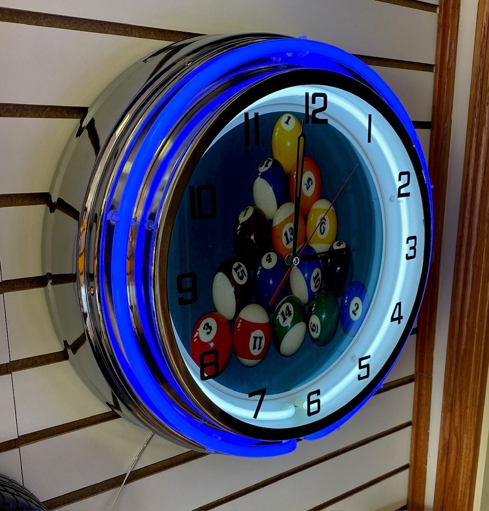 BILLIARD BALLS RACK POOL TABLE METAL LARGE DOUBLE RING NEON CLOCK