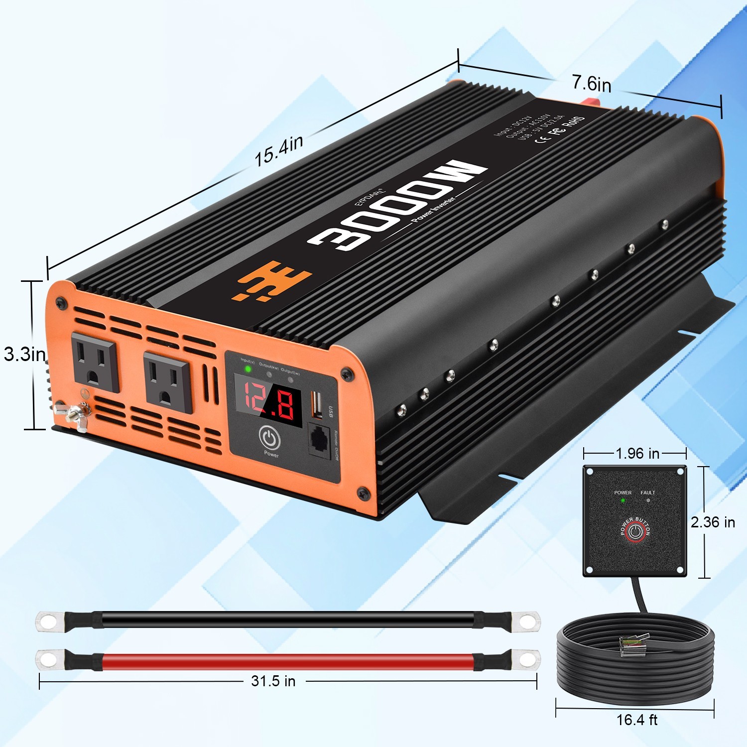 3000 watt car Power Inverter with Remote Controller, 12v dc to 110v ac inverter