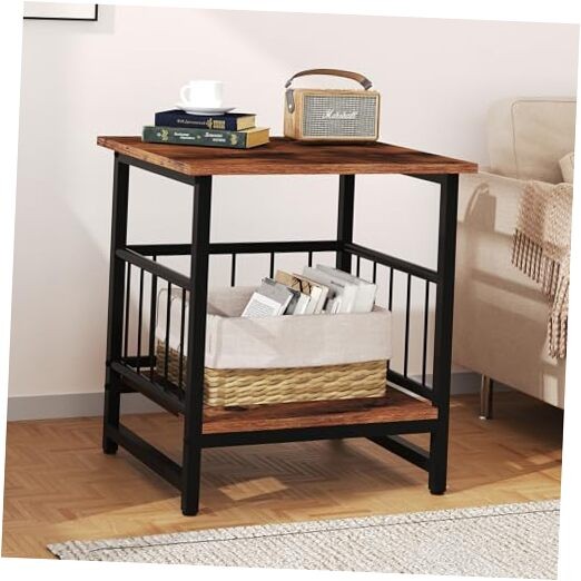 Industrial Night Stand8” Square Side Table with Open Storage 1 Rustic Brown