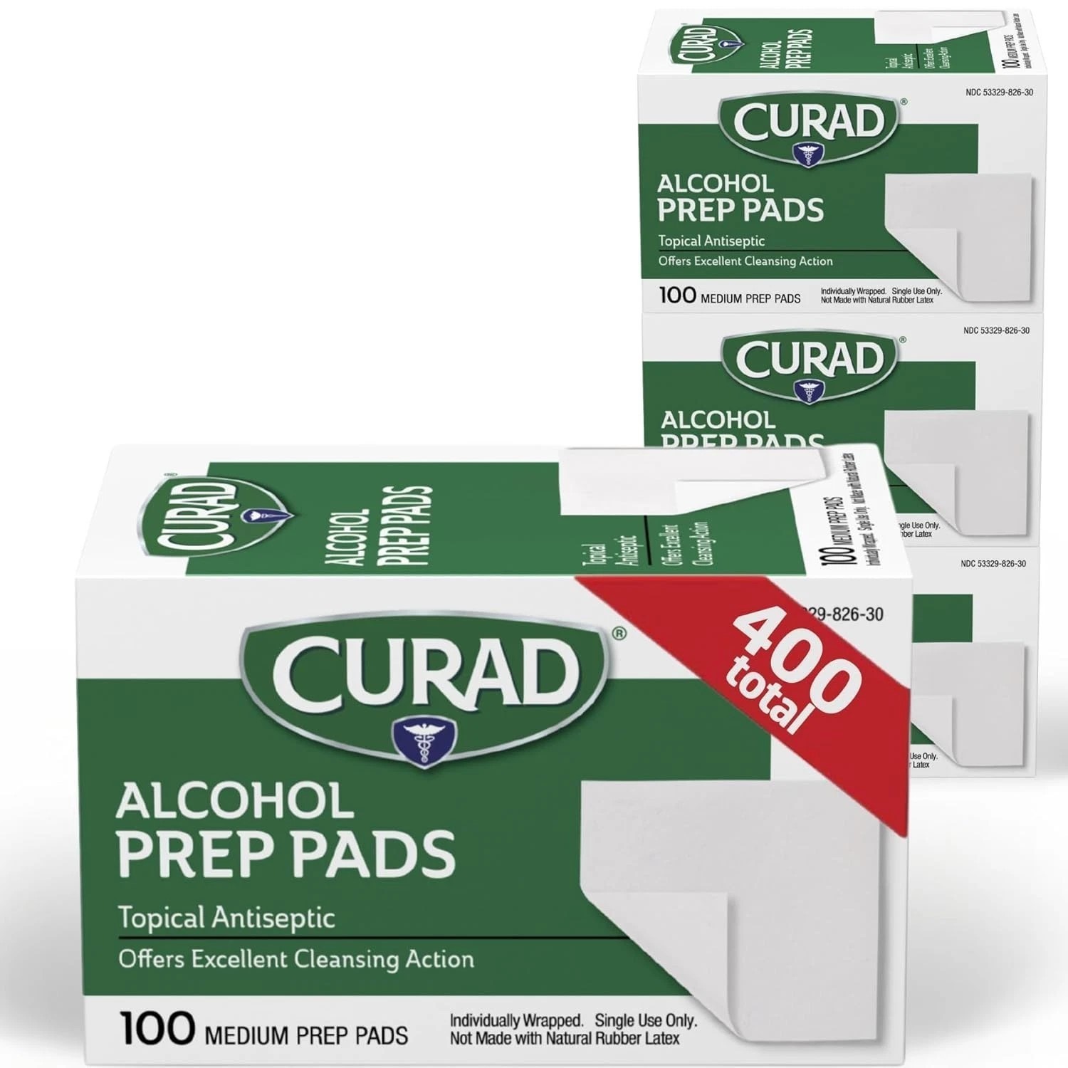 Curad Alcohol Prep Pads Swabs Wipes - 4 Boxes, 400 Total Isopropyl Wipes Pad