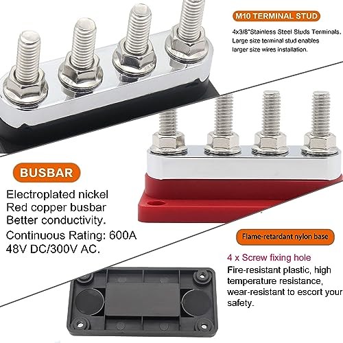 600 Amp Busbar,4*M10 Studs (3/8") Module Design Block 600A 4x 3/8"- Black& Red