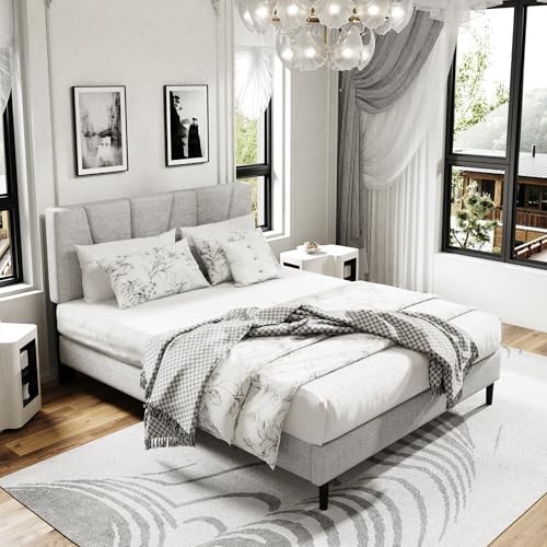 Size Platform Bed Frame with Upholstered Headboard, Wooden Queen Light Grey