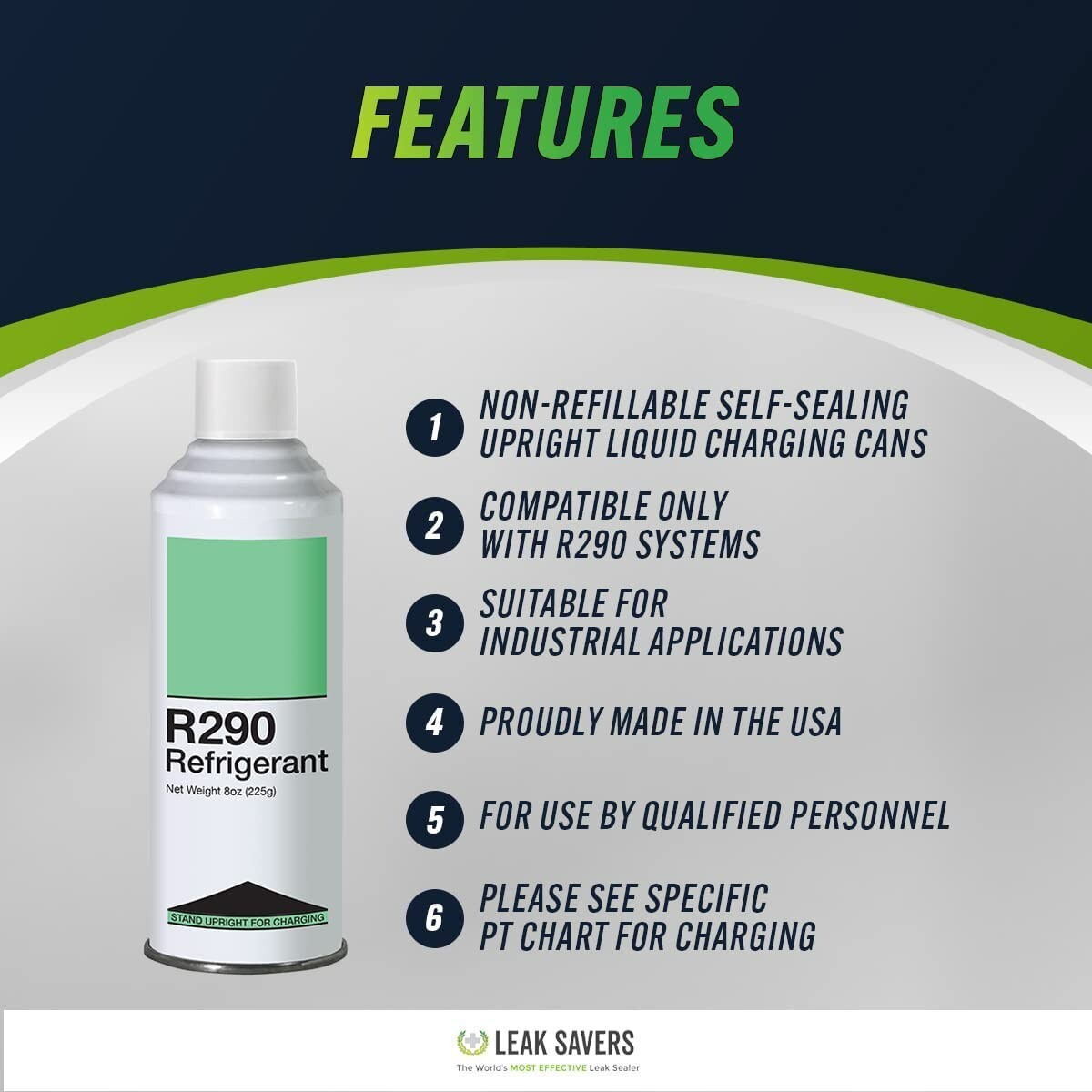 Leak Saver Refrigerant R290 - Upright Liquid Charging Self-Sealing Can - 12 Pack