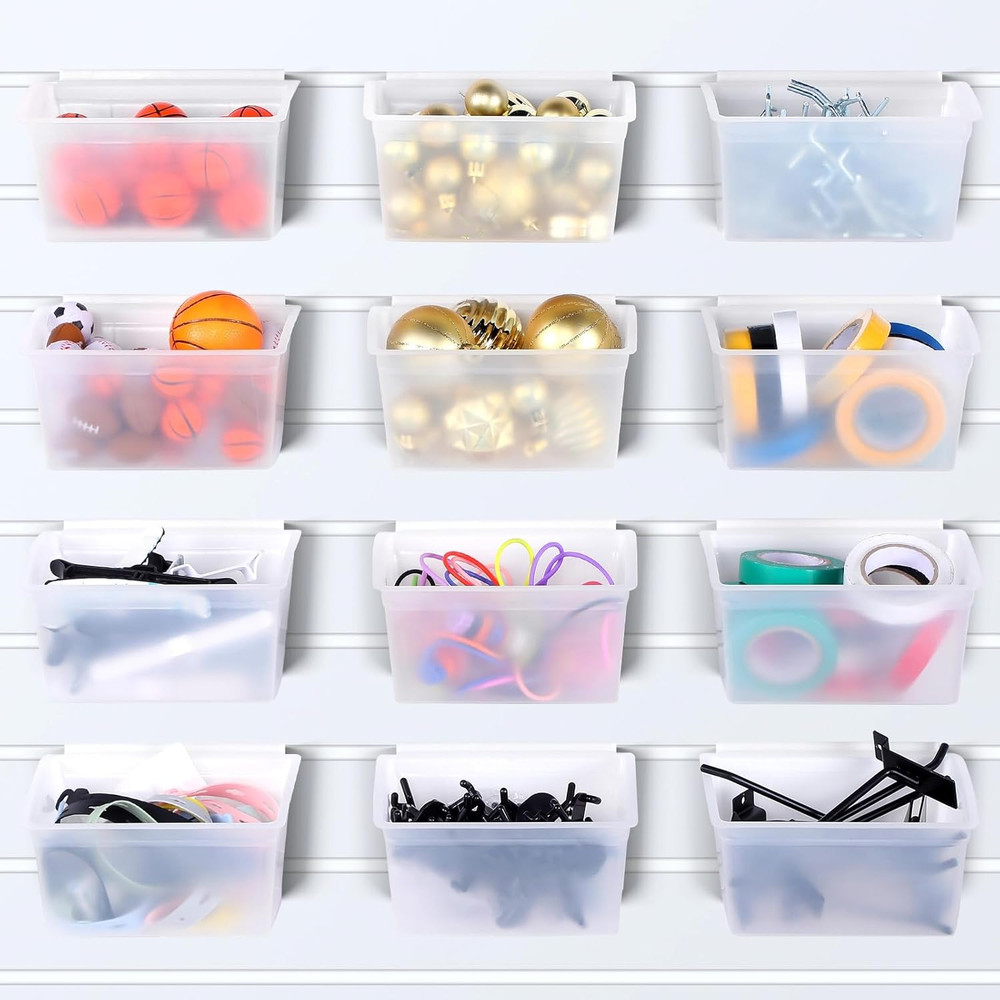 12-Pack Transparent Plastic Slatwall Storage Bins for Garage Organization