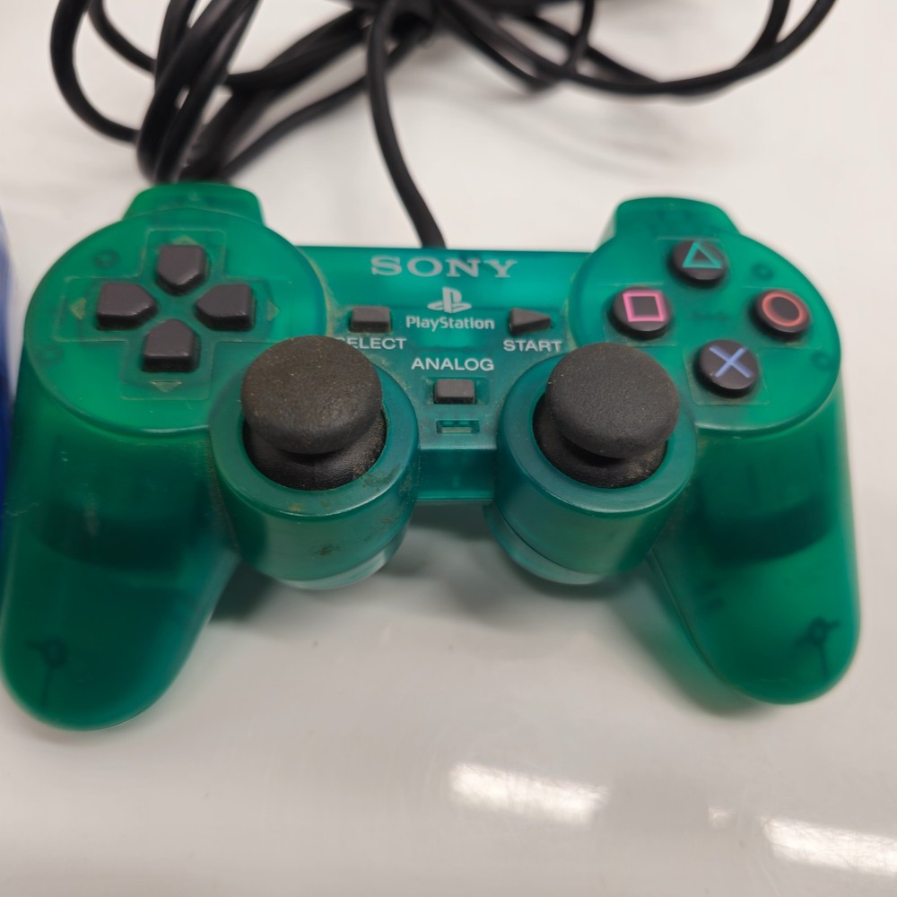Sony SCPH-10010 Analog Controller Set Transparent Blue Green PS2 OEM Missing Cap