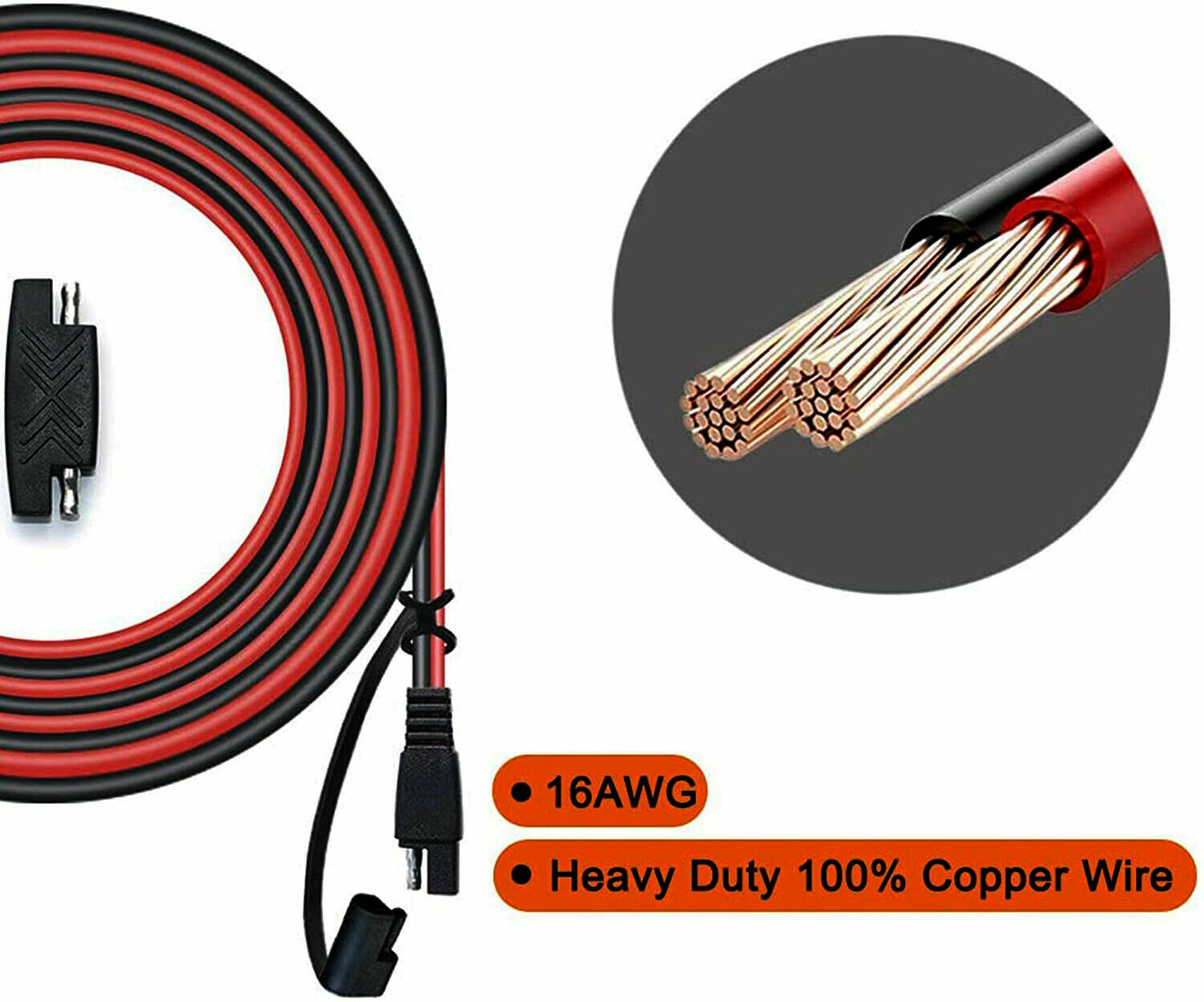 SAE to SAE Extension Cable 16AWG 12-24V 2 Pin Quick Disconnect Wire Harness Cord