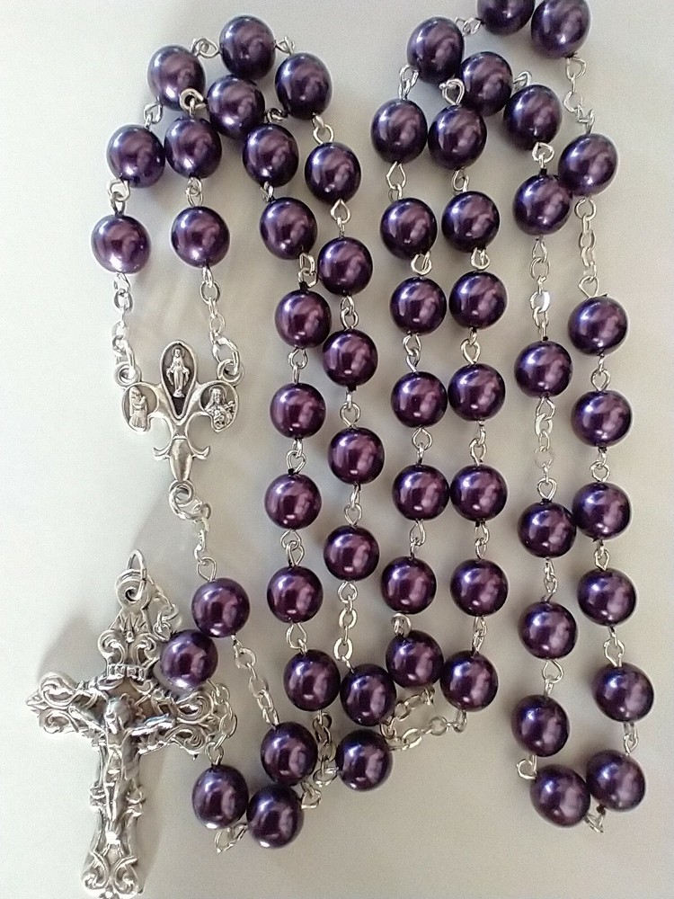 Catholic Fleur-De-Lis Purple Glass Rosary 22"