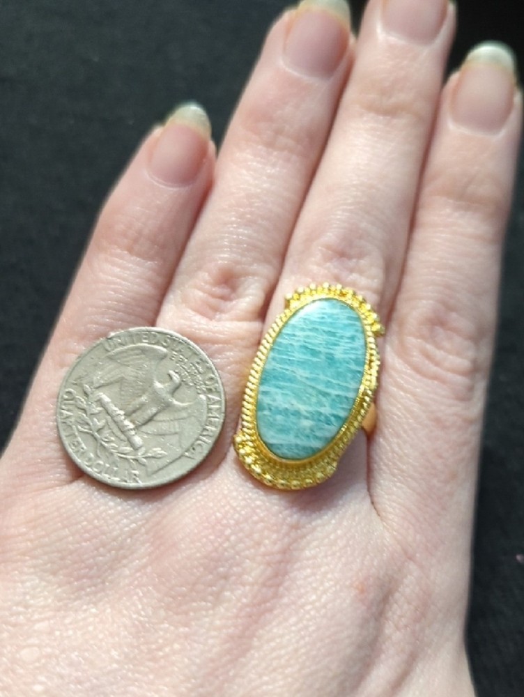 Gold Tone Blue Green Amazonite Gemstone Oval Statement Ring - Size 9