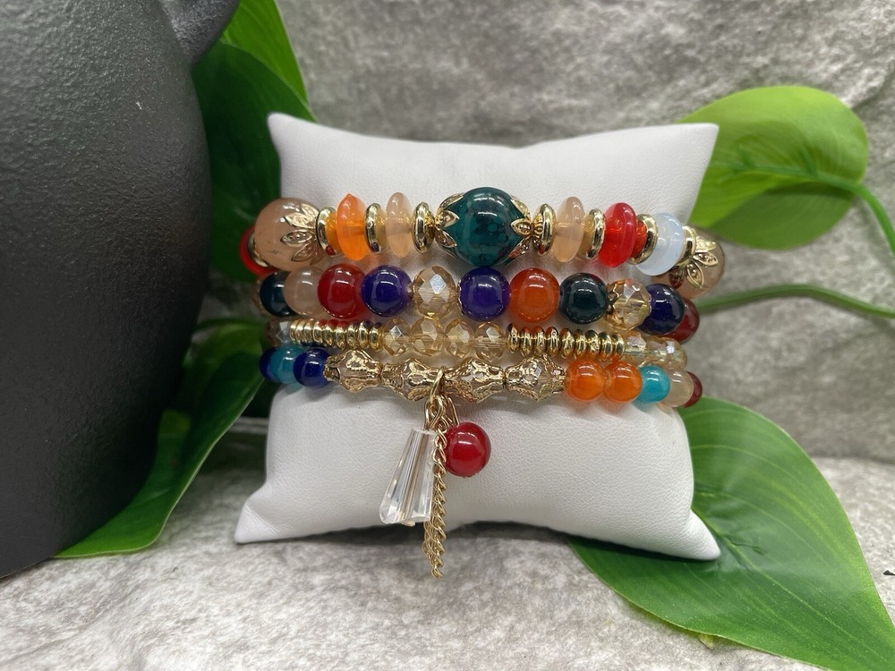 4 PC Handmade Boho Beaded Stackable 7” Plus Stretch Bracelet Set B2508