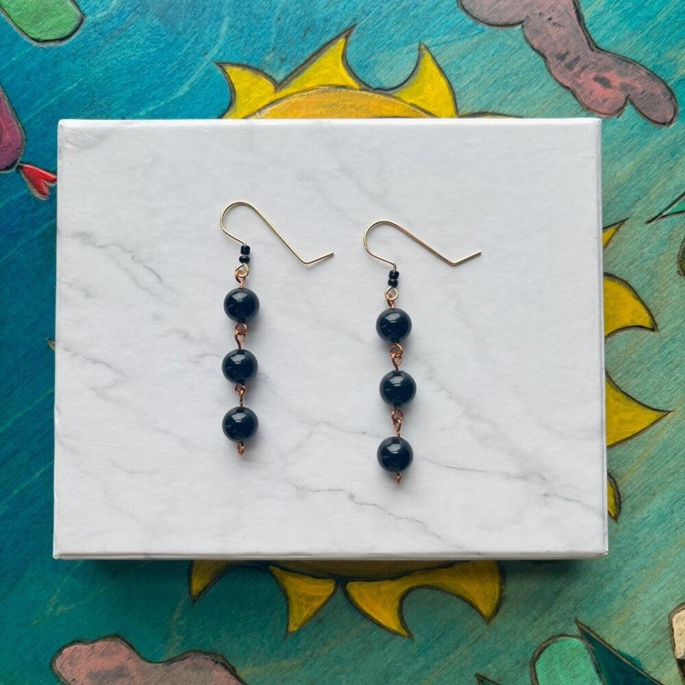 Black Round Bead Dangle Drop Earrings