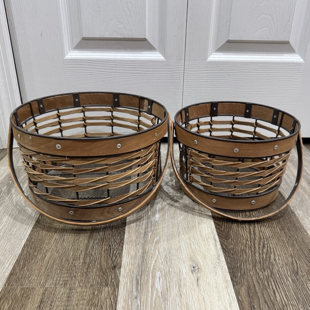 2 Wicker Wire Baskets Large & Medium Fall Autumn Leaves Moveable Handles Rivets
