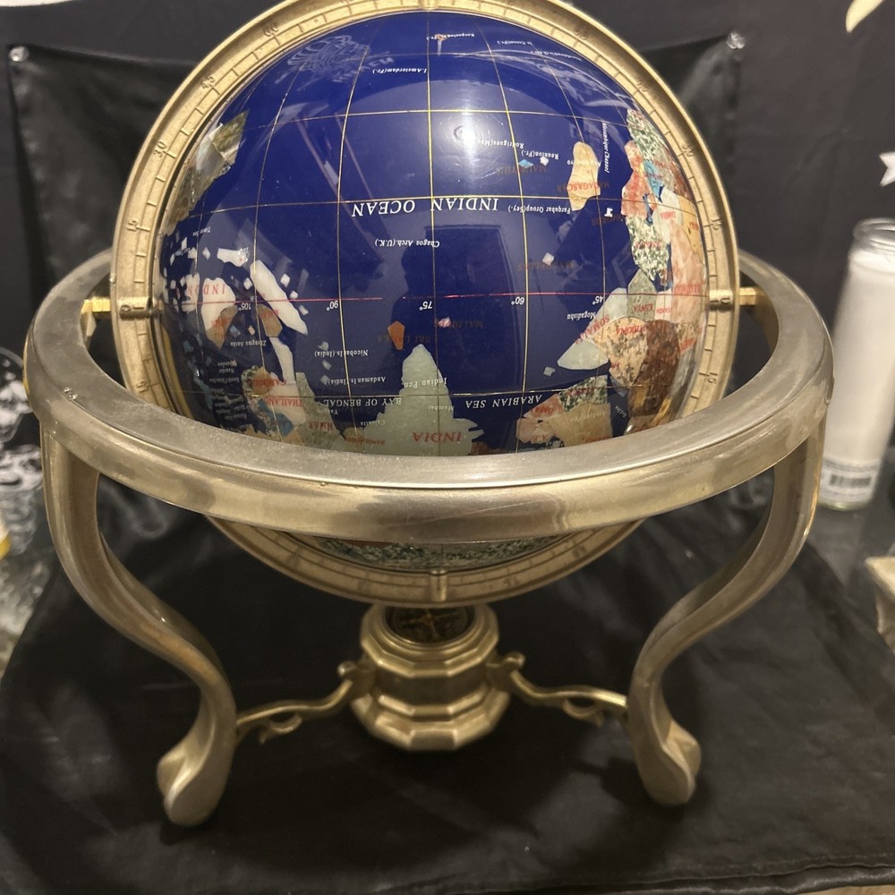 Vintage Globe Precious Inlaid Stone Solid Brass