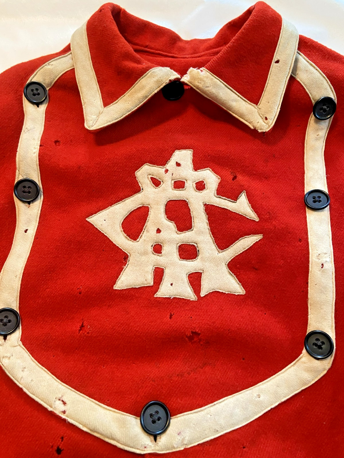 RARE FIND! 1880'S HEAVEY RED WOOL BASEBALL BIB TOP OR FIREMAN BIB TOP-CA7 LOGO