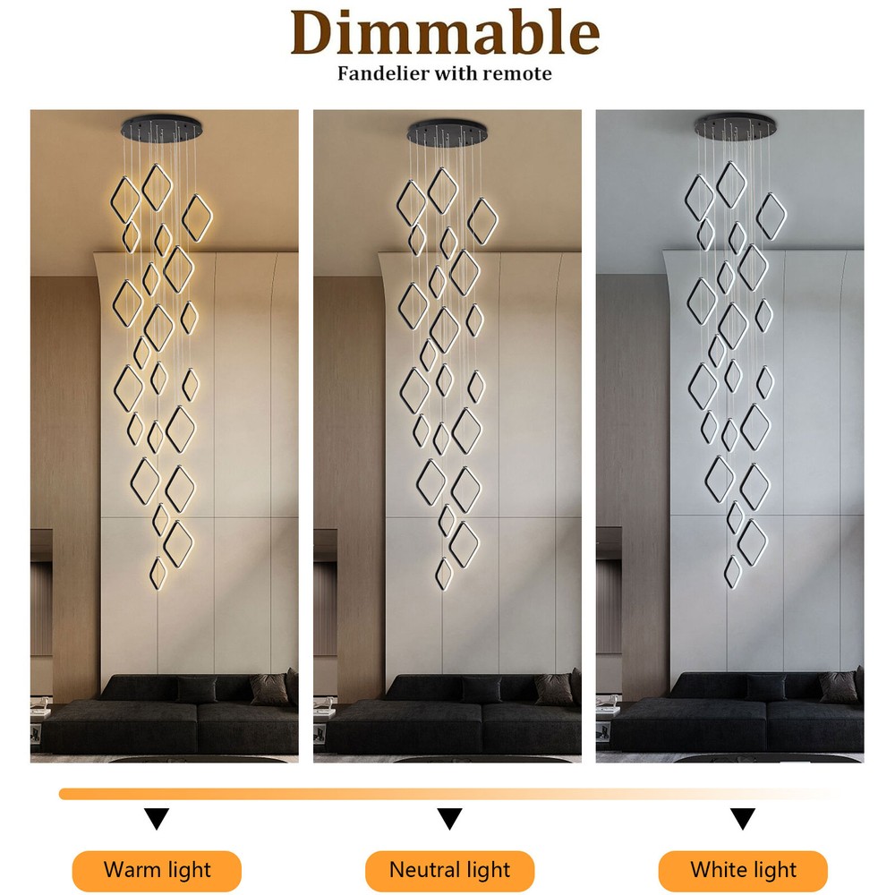 Modern LED Chandelier 22-Ring Black Dimmable High Ceiling 176W