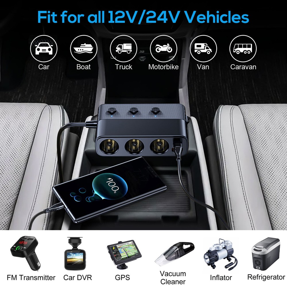 7-in-1 Car Cigarette Lighter Splitter USB-C PD QC3.0 LED Voltmeter 12-24V