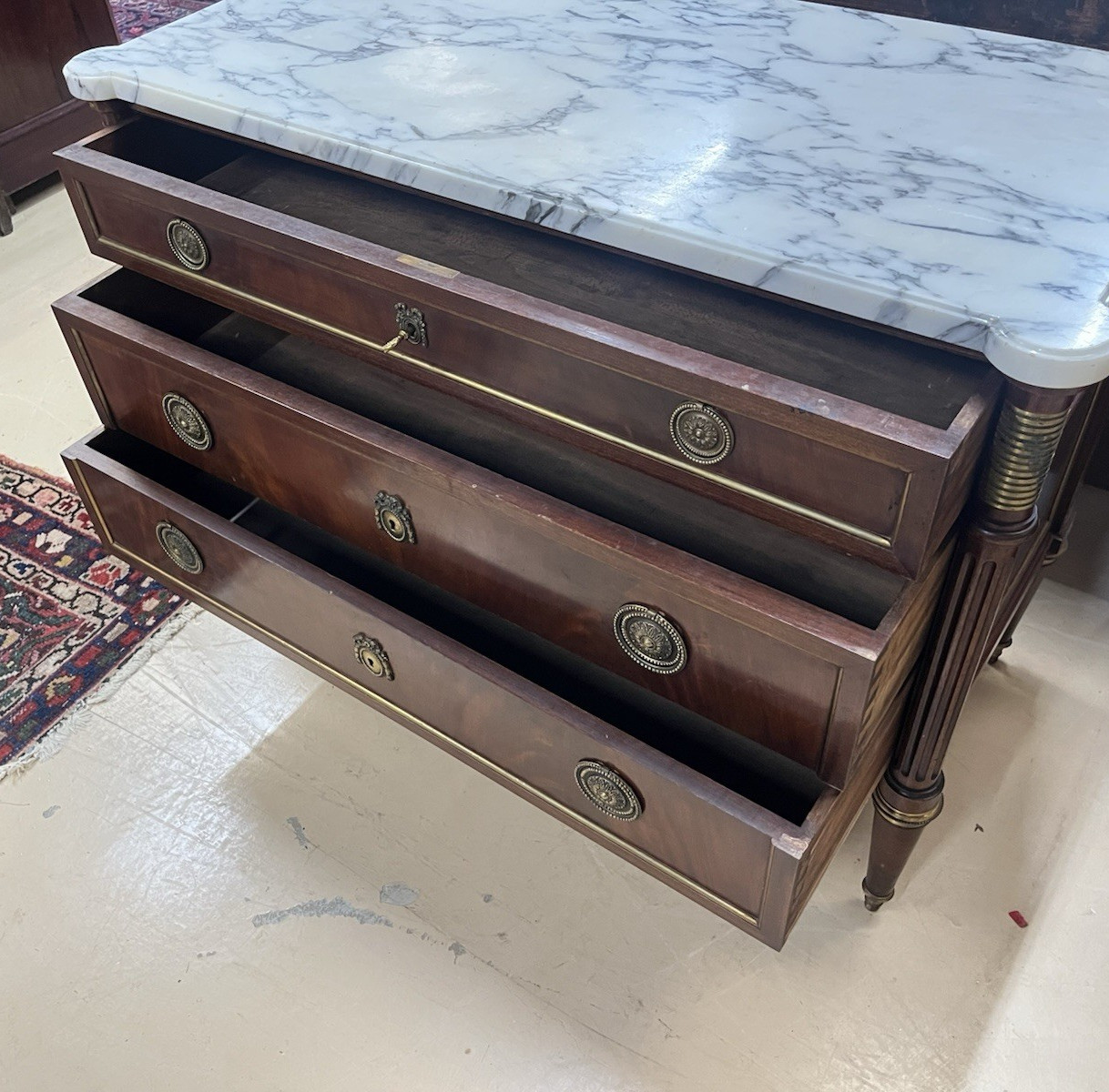 ANTIQUE FRENCH LOUIS XVI MARBLE-TOP MAHOGANY CHEST OF DRAWERS COMMODE