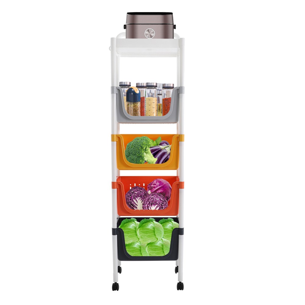 Kitchen Storage Rack 5 Tier Floor-Standing Basket Organizer W/ 2 Practical Hook