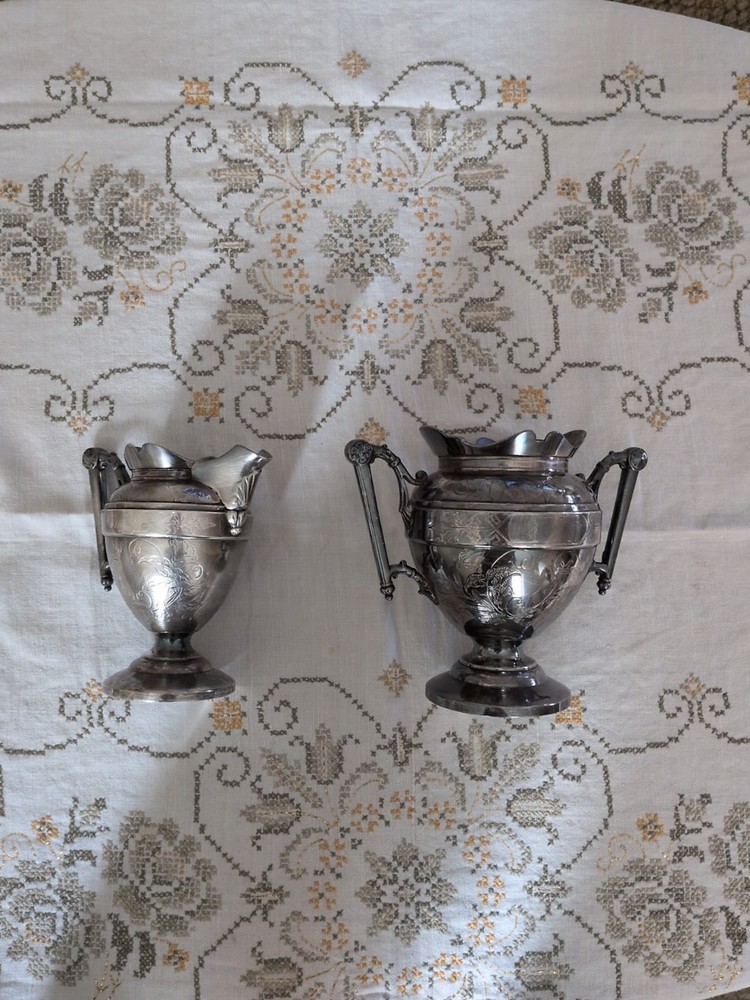 Simpson, Hall Miller Sugar Cream Floral Scrolls Quadruple Silver Plate 1872 Set