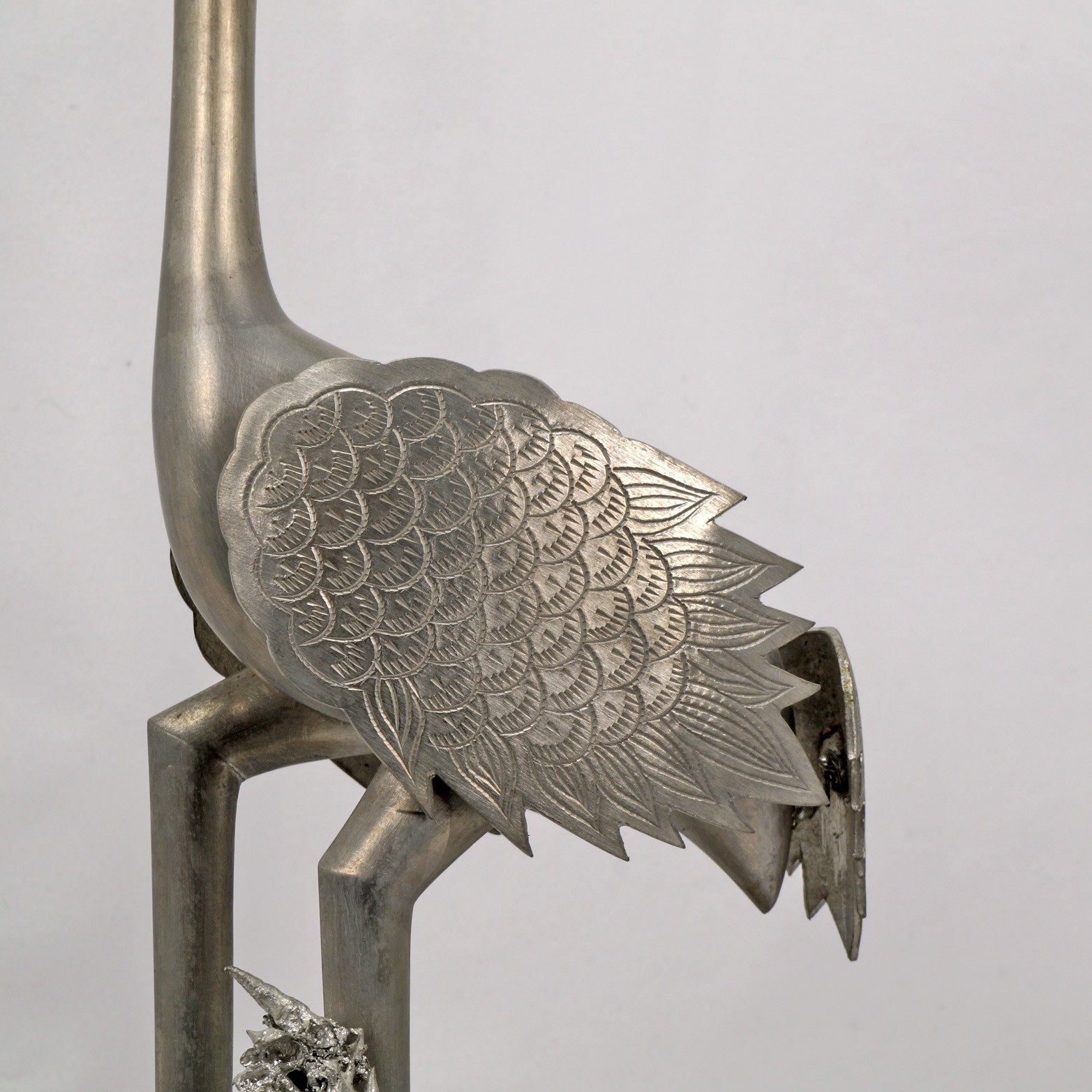 Pair Chinese Mixed-Metal Pewter Crane Sculptures Candlesticks