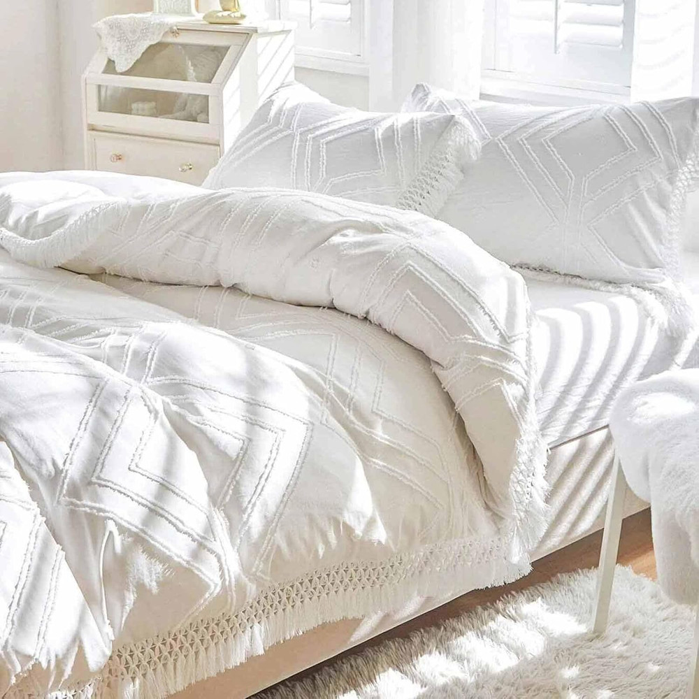 Boho Chic Queen Comforter Set - White Tufted Tassel Microfiber Bedding 3Pc