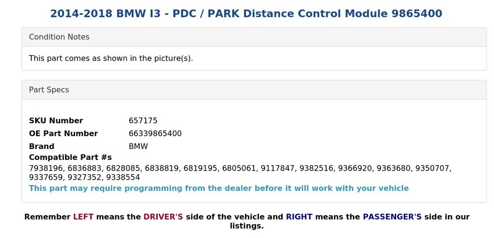 2014-2018 BMW I3 - PDC / PARK Distance Control Module 9865400