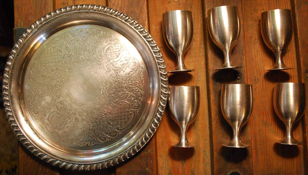 TOASTING SET Vintage LEONARD SILVERPLATE 'EPNS' Cordial Goblet 6 Cups & 1 Tray