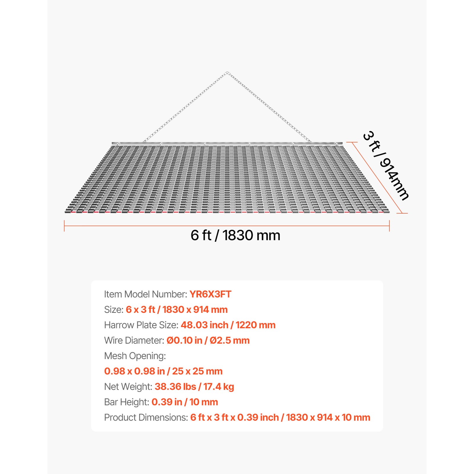 Uimoso 6 x 3 ft Chain Harrow Rake for ATV, UTV, and Tractor Use