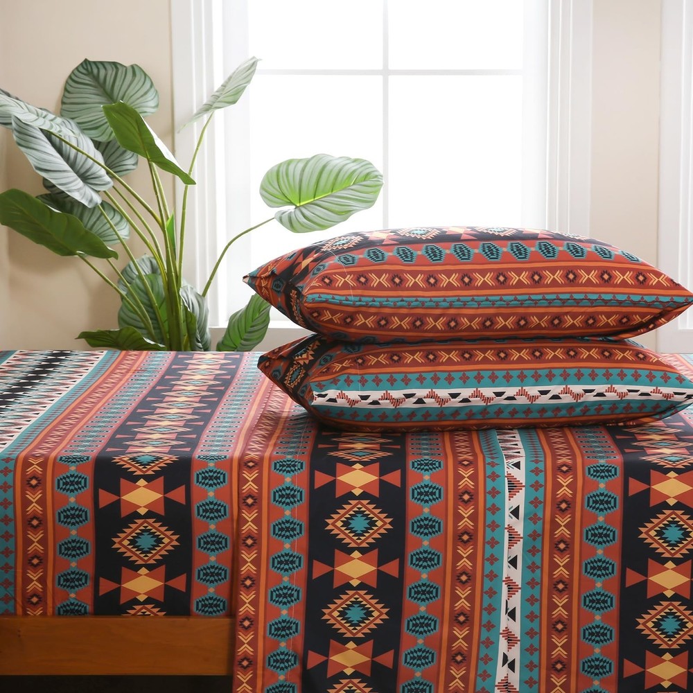 4 Pieces Queen Sheet Set Bohemian, Boho Sheets Soft Microfiber Deep Pocket, W...