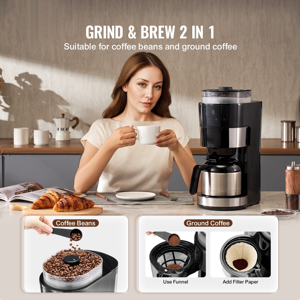 8 Cup Drip Coffee Machine Grind & Brew Coffee Maker w/ 3 Brew Strength Control