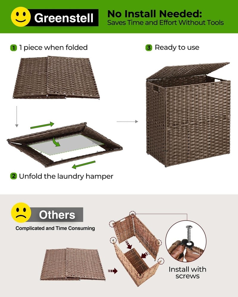 Greenstell Laundry Hamper with lid, No Install Needed, 90L Wicker Laundry Bas...