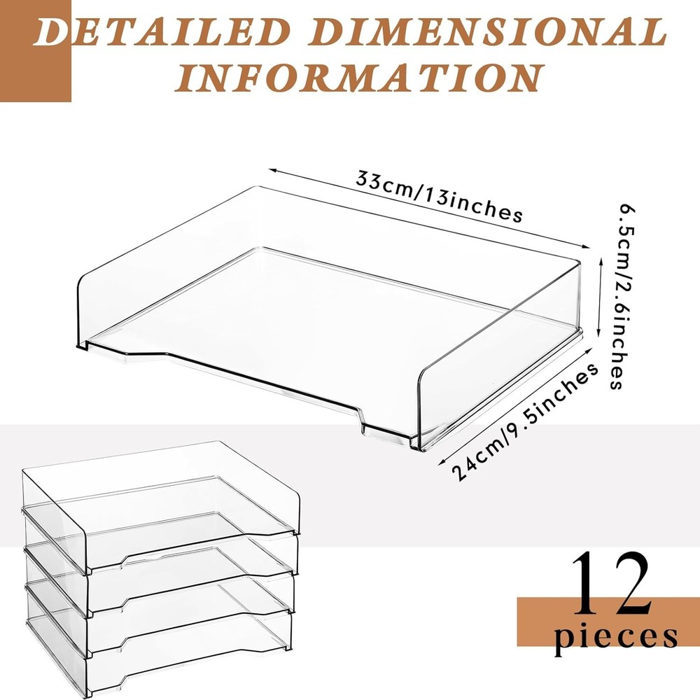 12 Pcs Stackable Letter Tray Rectangular Plastic Desk Organizer 13 x 9.5 x 2.6