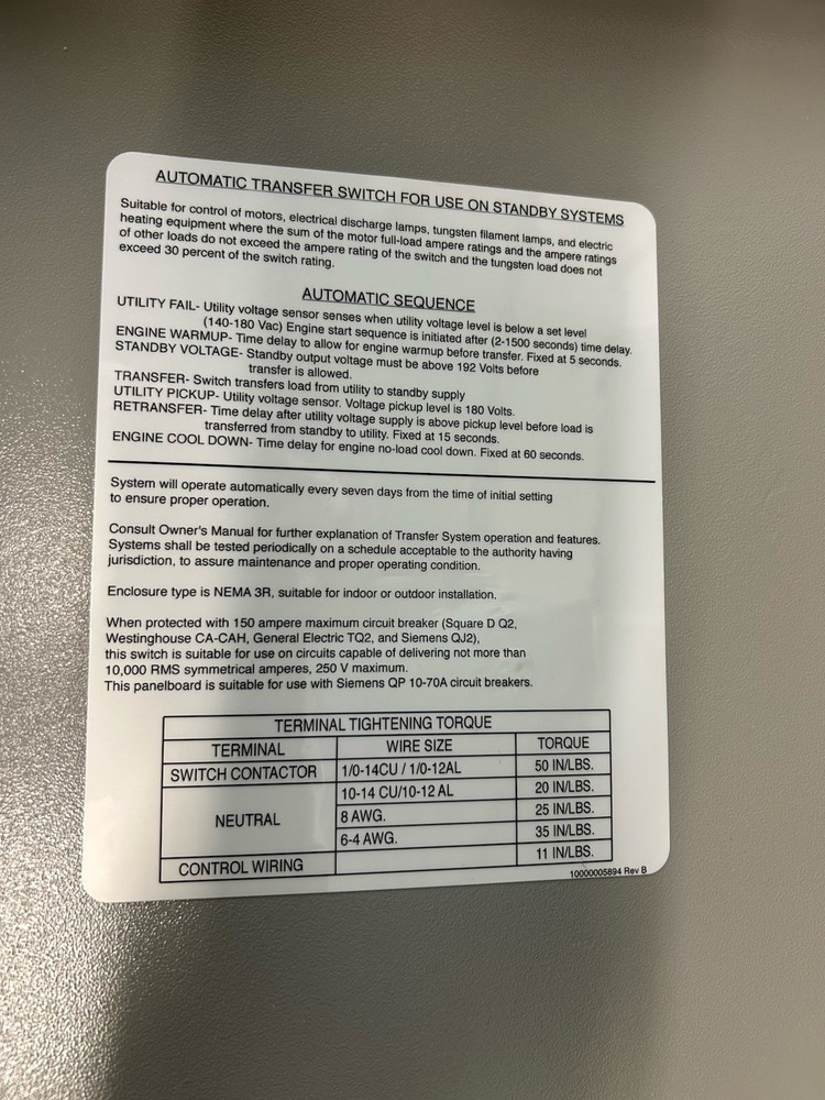Generac 100 Amp Automatic Transfer Switch Model RTG16EZA3