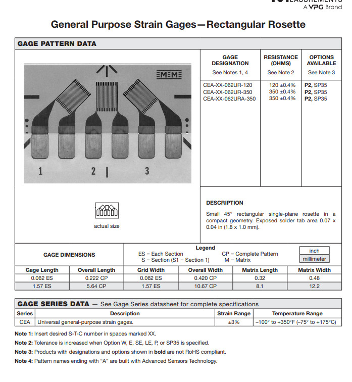 Precision Strain Gage CEA-13-062UR-350 Rectangular Rosette 3 Element. 5 Per Pack