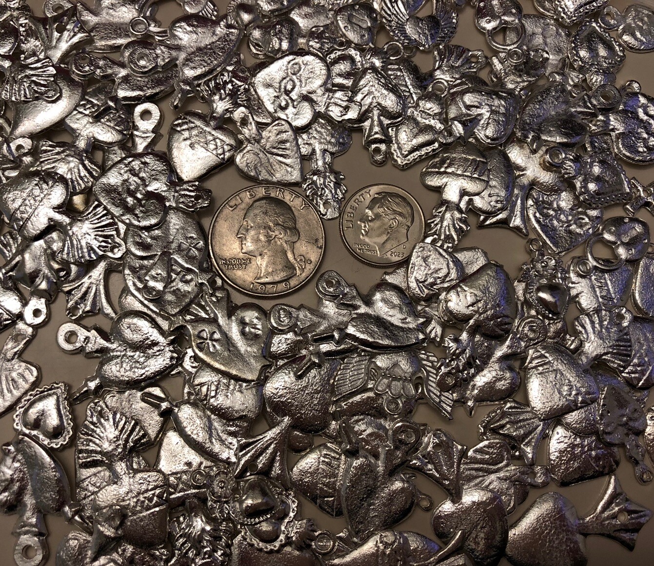 25 Milagro HEART Charms Mexican Folk Art SILVER All HEARTS Charm Lot