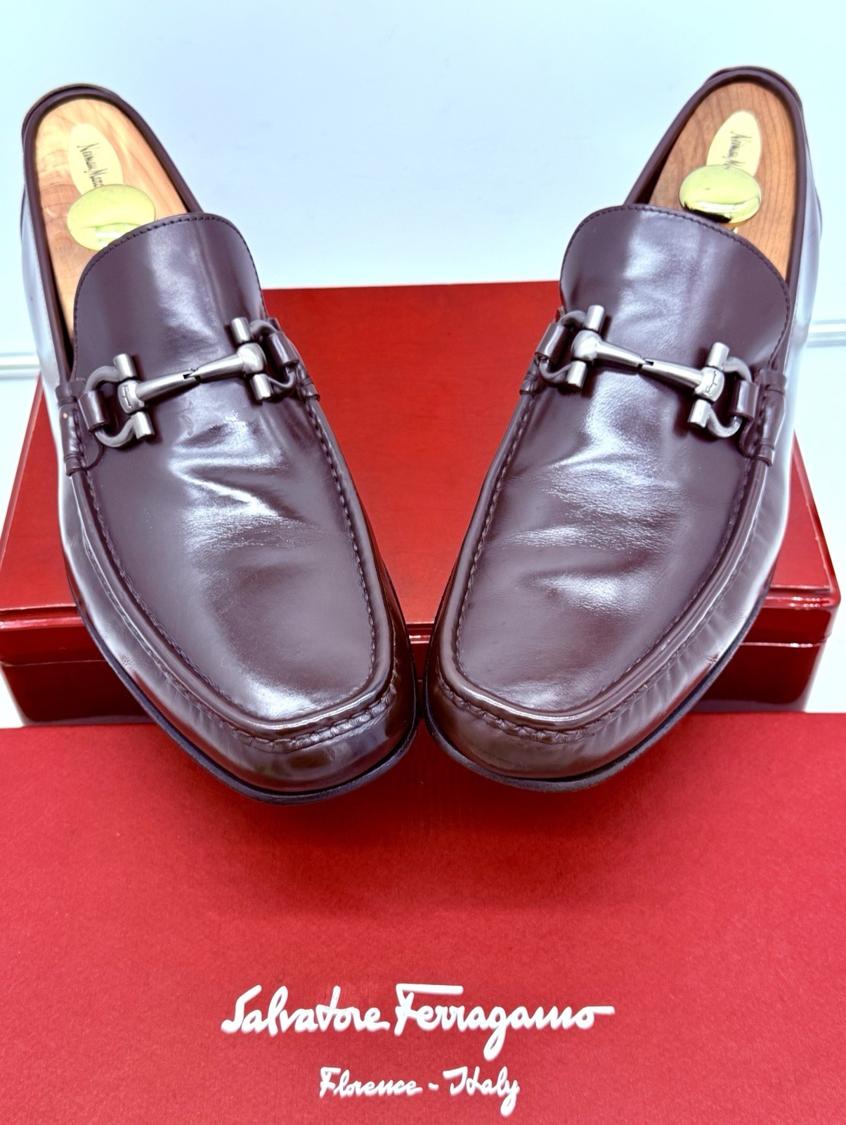 Ferragamo Mens Brown Loafers 9.5 Wide Gancini Horse Bit Leather Luxe Shoes