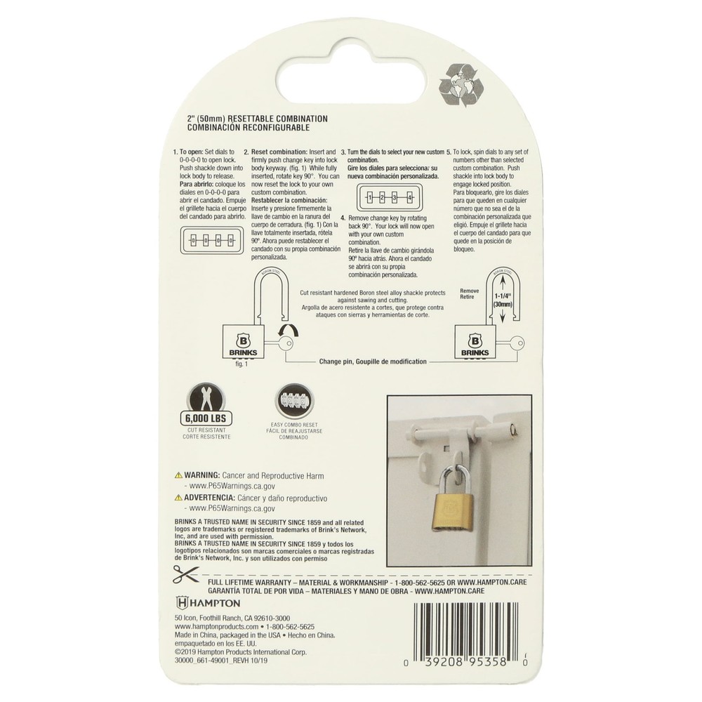 Brinks Solid Brass 50mm Resettable Combination Padlock with 1in Shackle